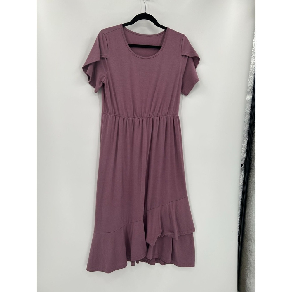 Shein Mauve Ruffle Hem Short Sleeve Dress‎ L Peasant Boho